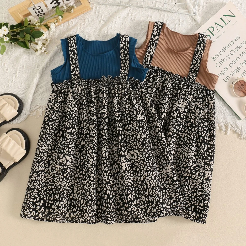 

От 3 до 7 лет платья принцессы с двумя цветочными принтами для девочек, летняя повседневная модная детская повседневная одежда без рукавов с круглым вырезом и принтом