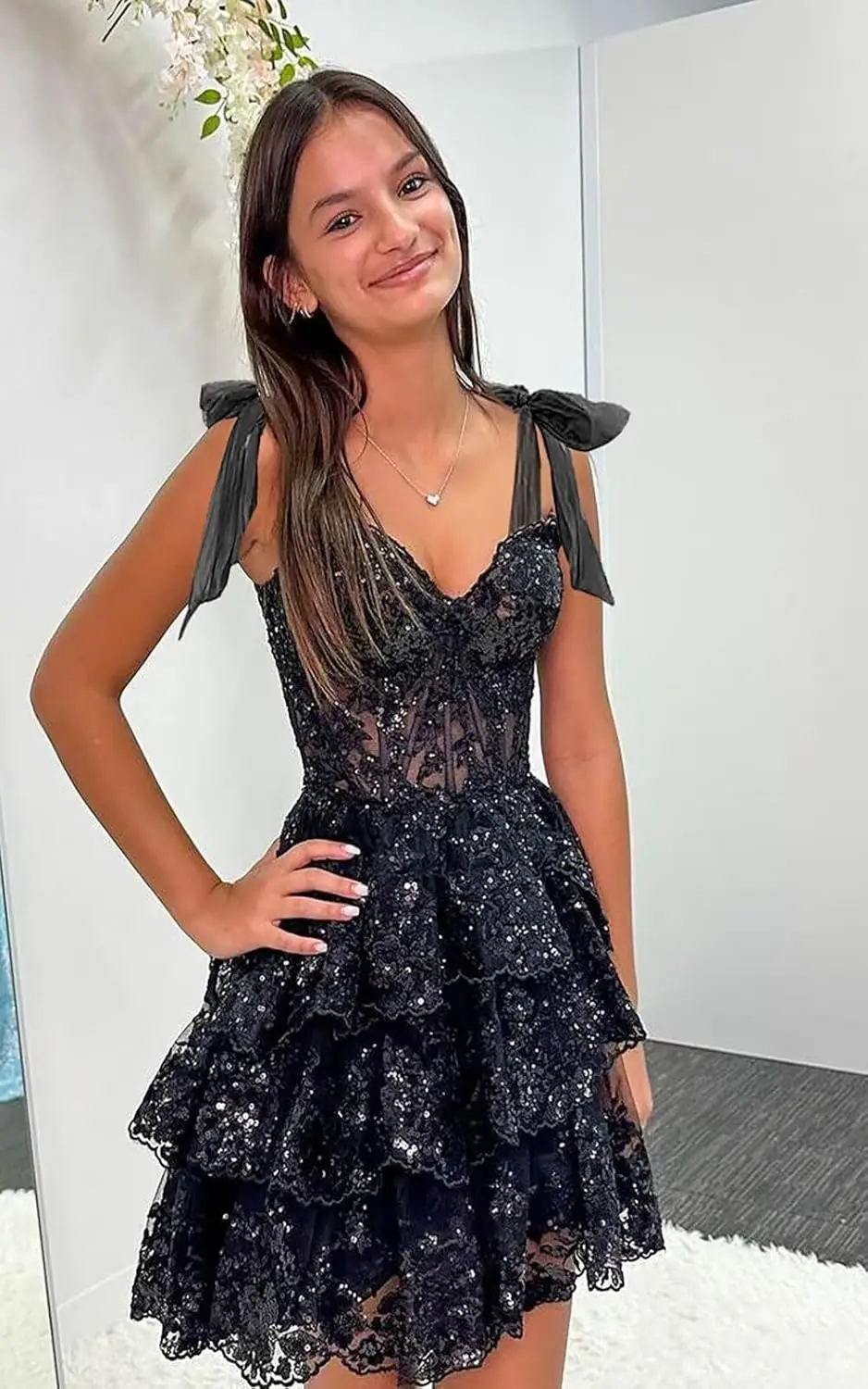 

Teens Sparkly Lace Sequin Homecoming Prom Dress with Bow Straps Corset Tiered Tulle Cocktail Gown for Graduation Short 2026