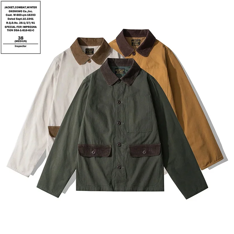 OKONKWO Beaded Canvas Railway Worker Jacket Colorblock Corduroy Collar Work Workwear Coat