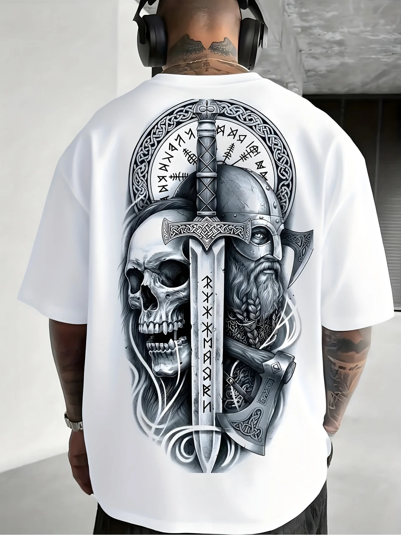 Summer Viking Clothing - Übergrößen-Herrenbekleidung, Reines T-Shirt mit Wikinger-Totenkopf, Schwert,