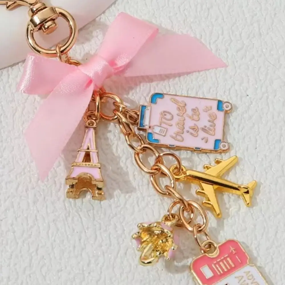 Pink Enamel Keychain Heart Buckle Versatile Accessory Romantic Key Ring Ticket Luggage Plane Eiffel Tower Bag Pendant Gift