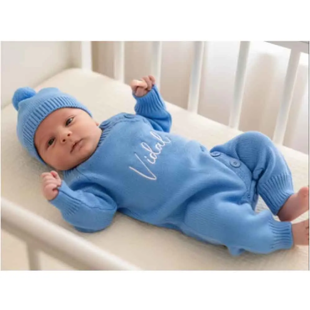 Newborn Coming Home Outfit, Personalized Baby Boy Knit Romper Set with Hat, Embroidered Name Hospital Outfit, Newborn Girl Gifts
