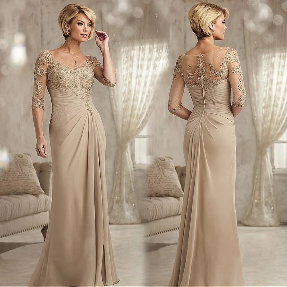 

Elegant Lace Champagne Mother of The Bride Dresses Plus Size Chiffon Half Sleeves Groom Mother Evening Dress For Wedding