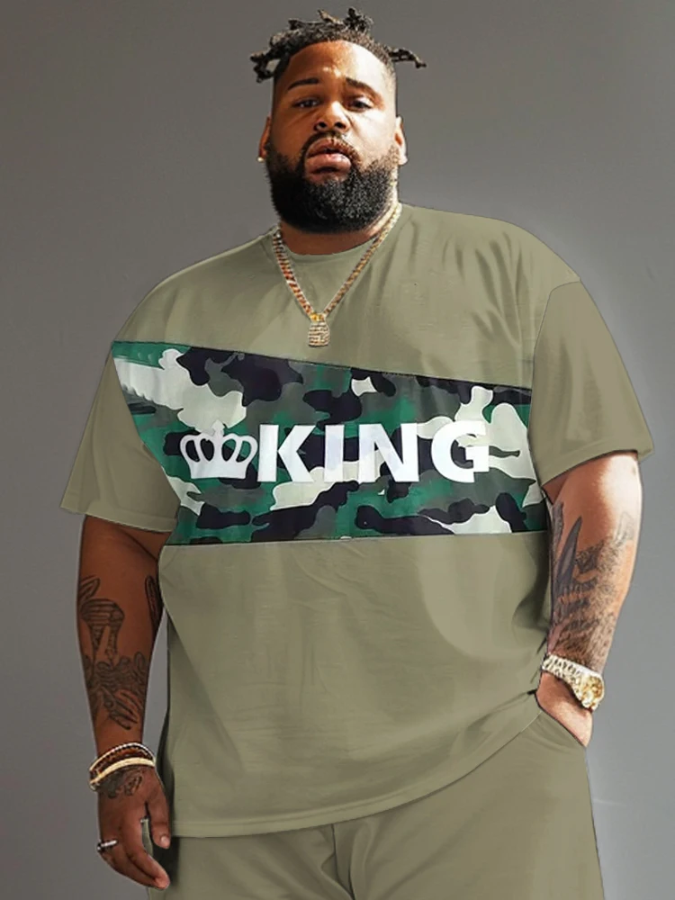 L-9XL Plus Size Round Neck Short Sleeve T-Shirt for Men Casual Crown Tiger Letter Printing Simple Daily Color Block Top ZOOY