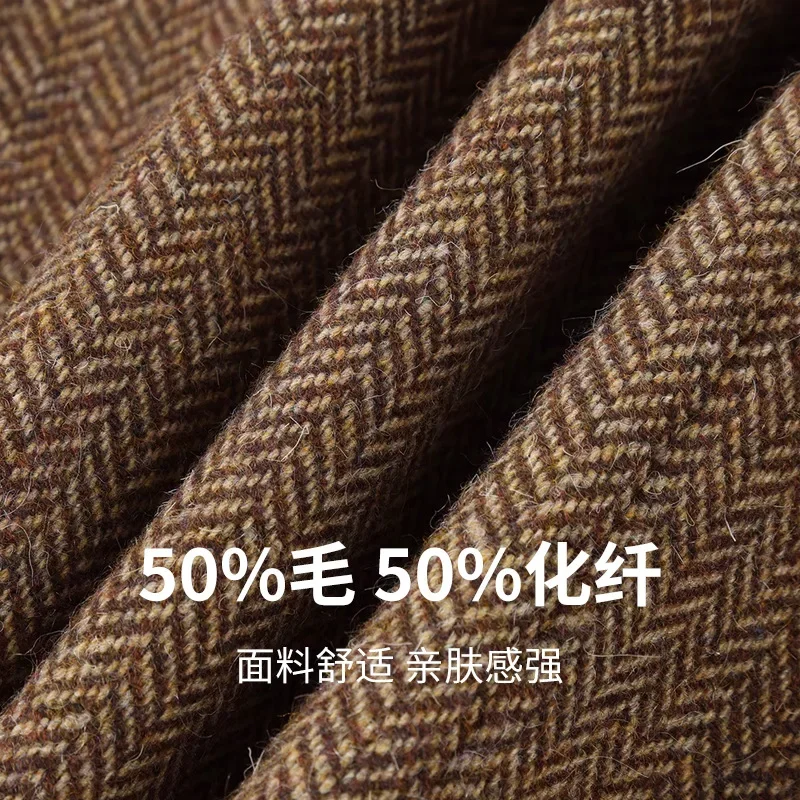 autumn and winter new retro literary style suit top coffee herringbone pattern wool woolen coat women