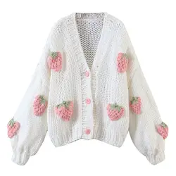 Autumn  Womens Hand-crocheted Strawberry Knitted Cardigan Loose Sweater Coat