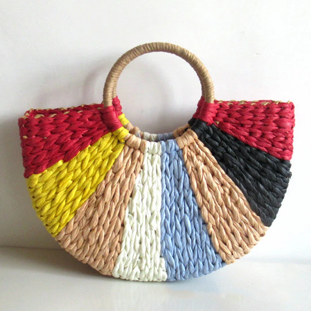 Borsa a cesto di paglia arcobaleno borse con manico rotondo borse in Rattan intrecciato di colore bohémien per le donne borsa da spiaggia da viaggio estiva Bali 2024 Tote