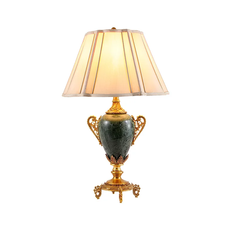 

European Antique Brass Fabric Table Lamp Home Villa Hotel Living Room Master Bedroom Bedside Study French Copper Desk Light