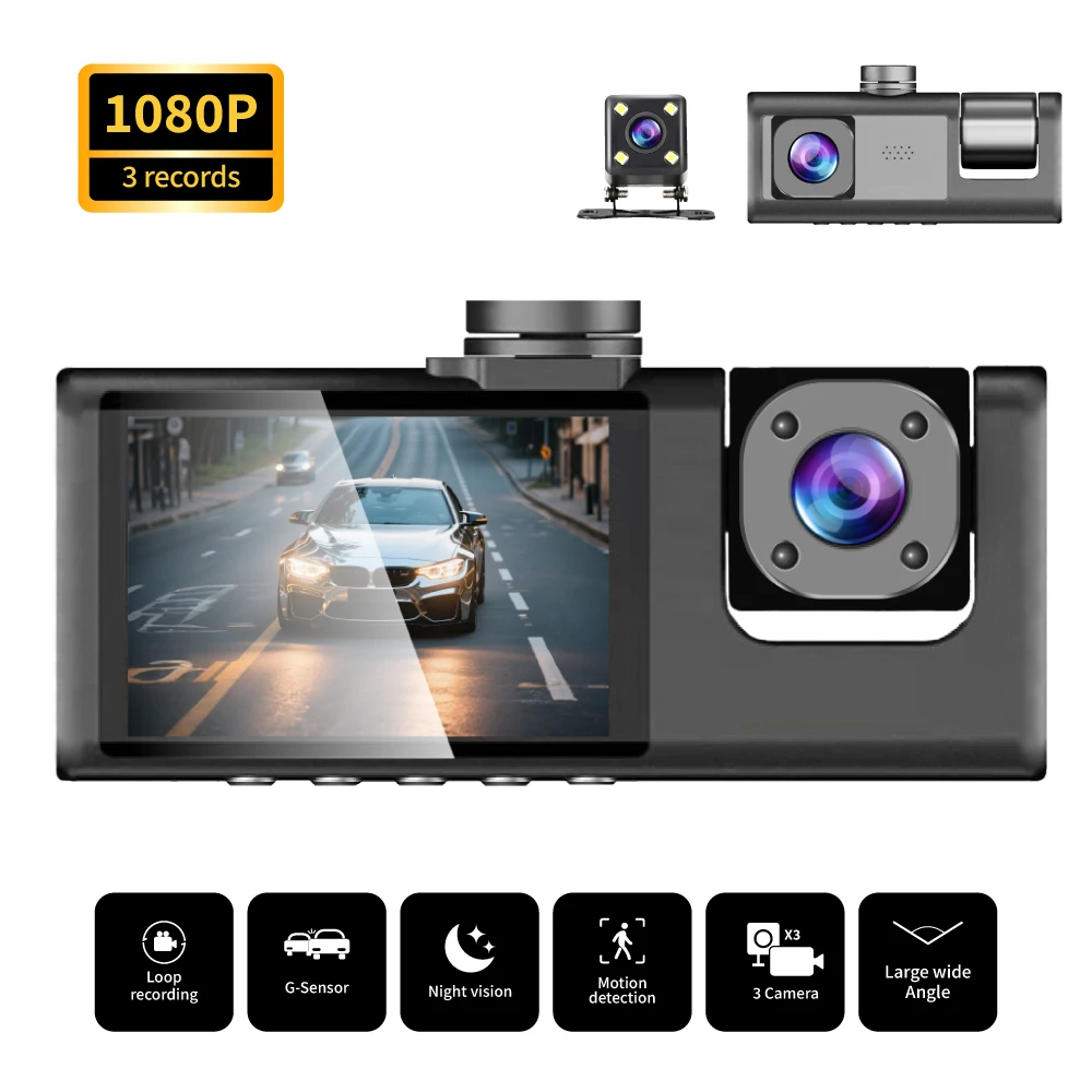 

3 Channel Car DVR HD 1080P 3-Lens Inside Vehicle Dash CamThree Way Camera DVRs Recorder Video Registrator Dashcam Camcorder