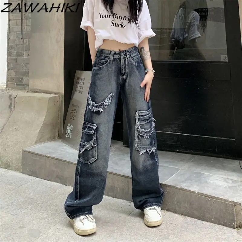 

High Street Vintage Chic Designed Solid Color Washed Distressed Ripped Jeans for Women Straight Loose Wide Leg Kpop Denim Pants