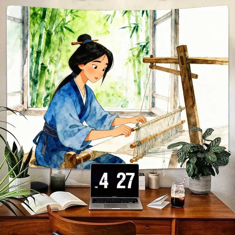 

1 шт. Восточно-азиатский тканый гобелен для девочек, акварель, бамбук, настенное искусство, современный полиэстер, домашний декор, спальня, гостиная, эстетический подарок