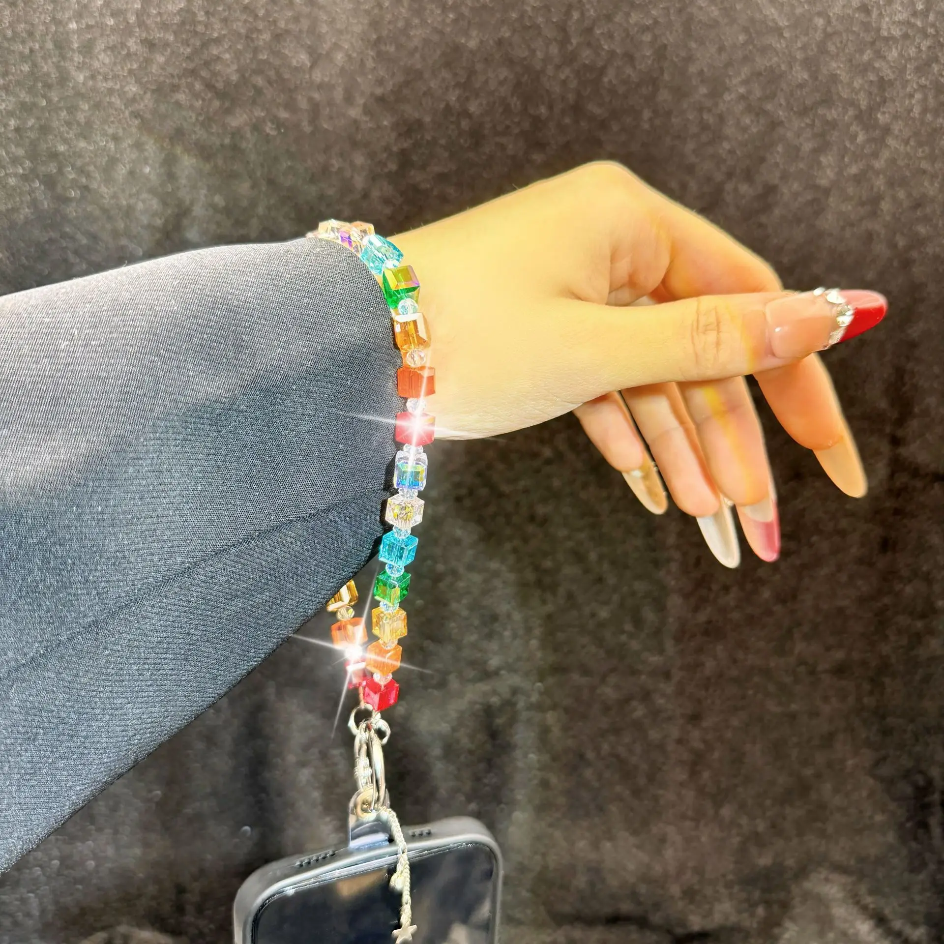 Rantai Ponsel Kristal Persegi Mode Mewah, Hiasan Gantung, Rantai Tangan Berhias Manik-Manik, Liontin Casing Ponsel