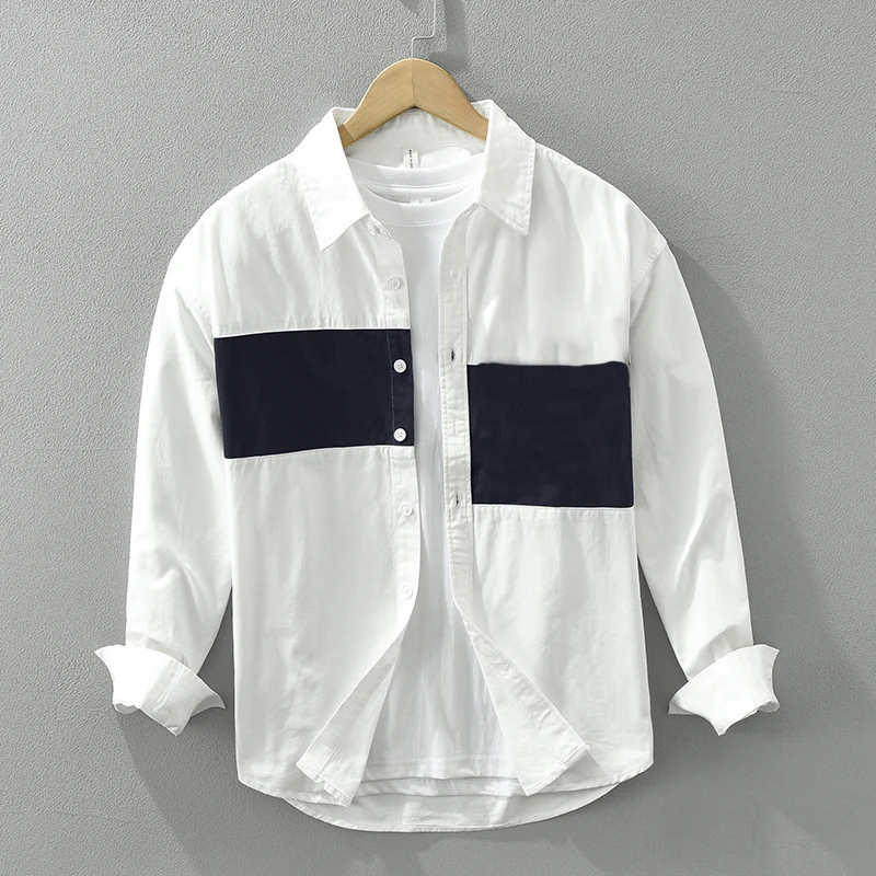 

Casual Patchwork Shirts for Men simple Turn-down Collar Vintage Long Sleeve Shirt 2025 New Men's Clothing
