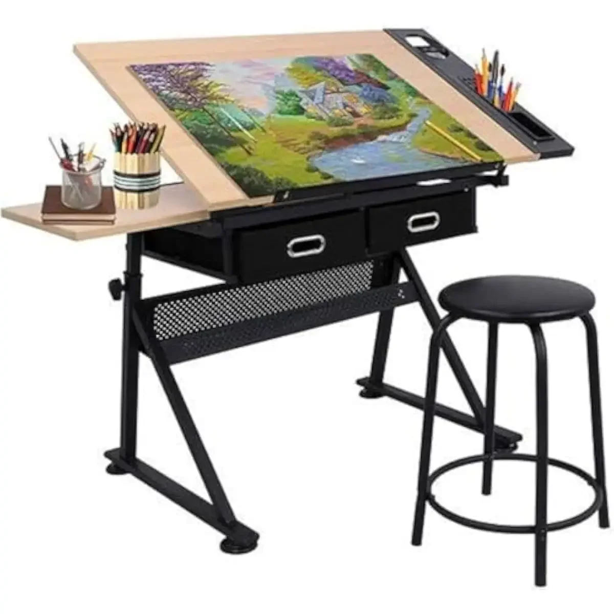 Adjustable Drafting Desk with Tilting Wood Top 45° Angle Control Modern Alloy Steel Frame Non-Slip Floor Pads Dual Work Surfaces