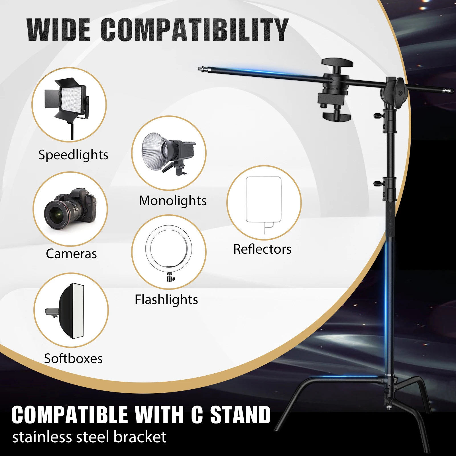 SH 3.3M Photography AdjustableHeavy Duty Stainless Steel C-stand With Bag And Wheel For Monolight, Softbox, Reflector