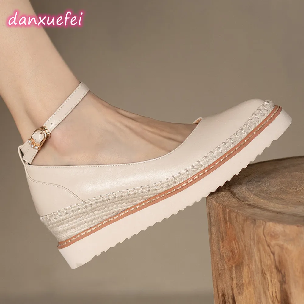 

danxuefei women's genuine leather wedge platform pointed toe ankle strap flats hemp sole casual female four season shoes women