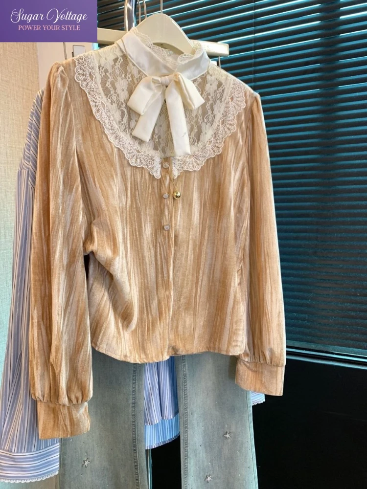 

Осенние новые французские модные винтажные элегантные топы Y2K, женские тонкие бархатные рубашки с длинным рукавом и кружевом с бантом, офисная женская повседневная однотонная блузка