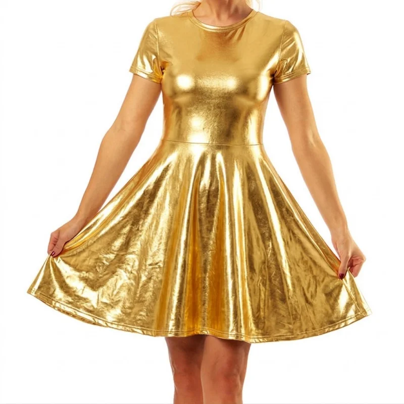 Glänzendes, kurzes Kleid mit Rundhalsausschnitt, Skater-Schnitt, Mini-Länge, Laser-Regenbogen-Silber-Lila, ausgestelltes, fließendes Design, Kostüm, Party, Club, Nachtclub-Kleid – Detail 9