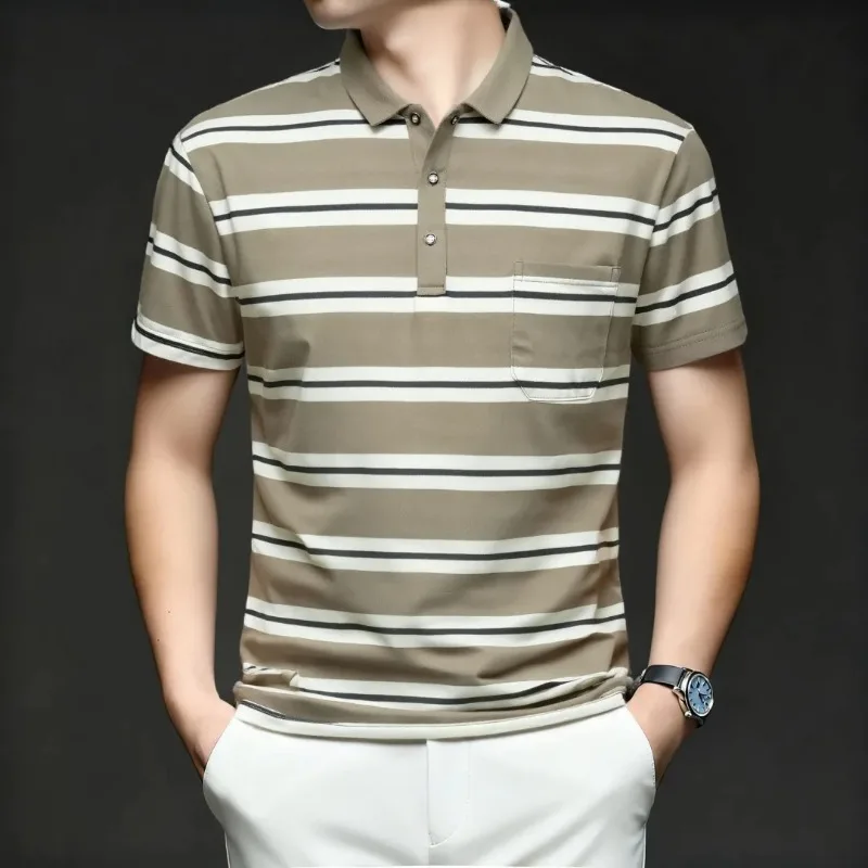 Middle Aged Men Striped Pocket Polo Shirt Cool Breathable Turn Down Collar Short Sleeve Summer Casual Dad Tops S-5XL