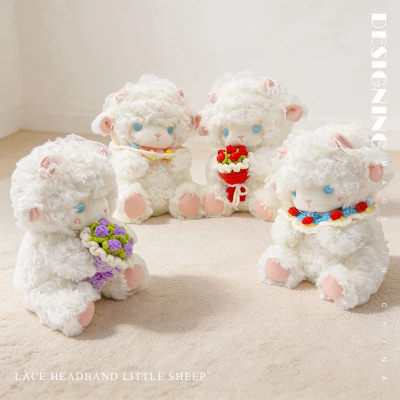 Lindo Peluche de Oveja Pequeña con Diadema de Encaje Blanco, Cordero Suave y Esponjoso, Ojos Azules, Nariz Rosa, Decoración para el Hogar, 4 Estilos, Regalo
