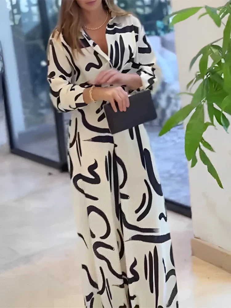 European And American Romper Autumn New Women's Temperament Commuter V-neck Print Loose Wide-leg Long Sleeve Romper