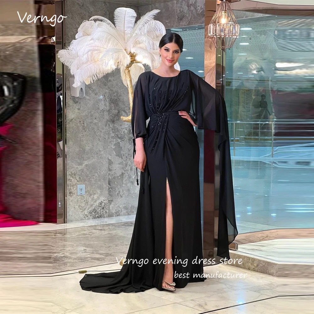 Verngo Black Chiffon Dubai Arabic Women Evening Dresses Long Sleeves Beads Split Plus Size Mother Formal Prom Occasion Gowns