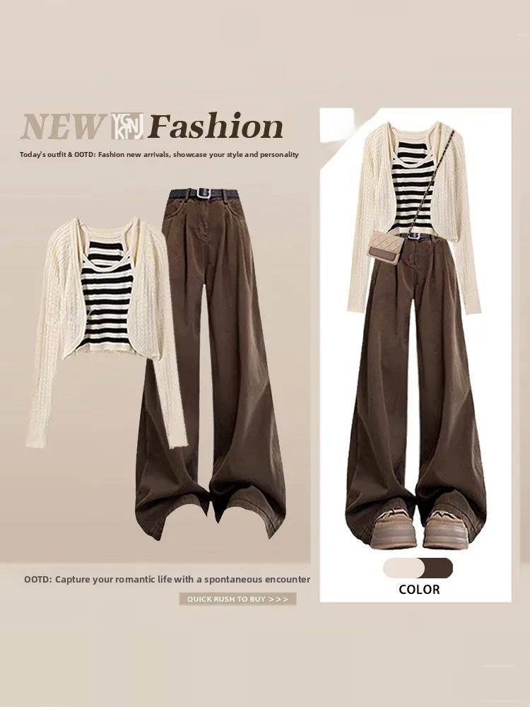 

Комплект из трех предметов: ретро-жилет в полоску, тонкий кардиган и повседневные брюки для женщин, весенний, свободный, простой, в стиле Гонконг, готовый комплект