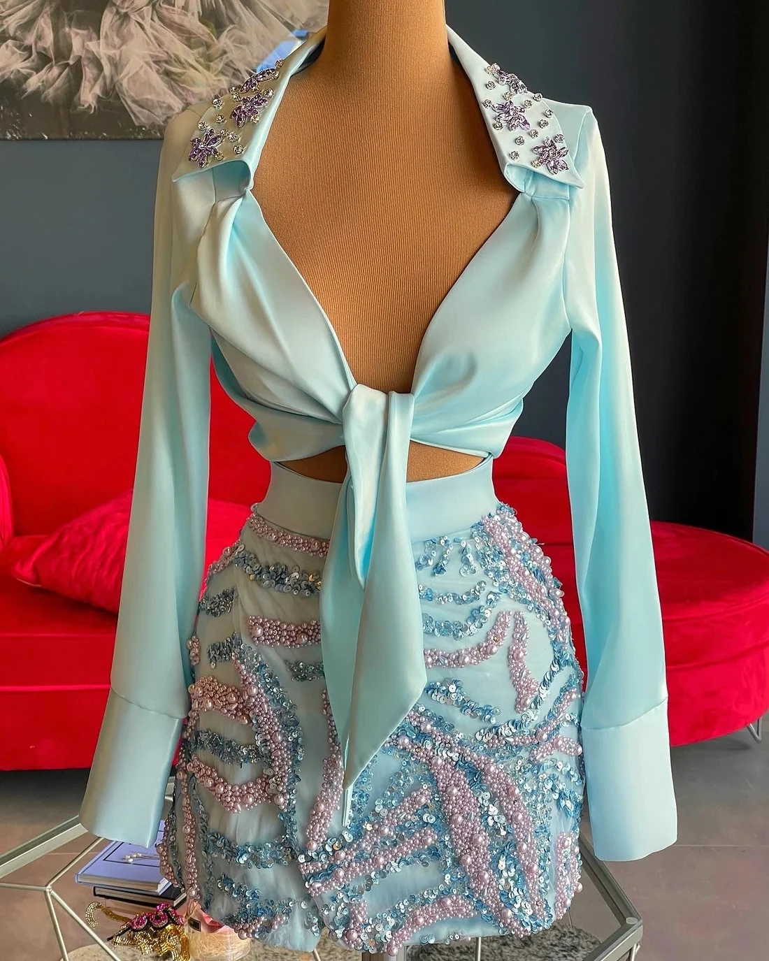 Turquoise Cocktail Dresses Long Sleeves Sequins Pearls Birthday Party Gowns Short Prom Dresses Homecoming Customized