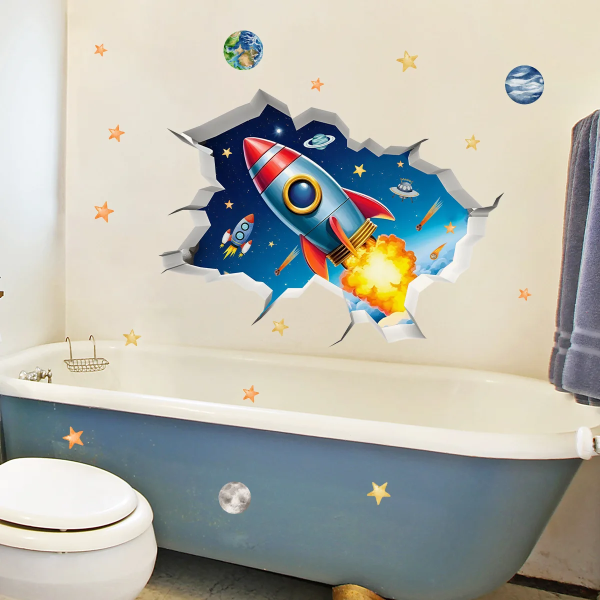 Autocollant mural cassé planètes de fusée d'univers 3D, papier peint planète spatiale cosmique pour chambre d'enfants, décoration murale de chambre de garçon