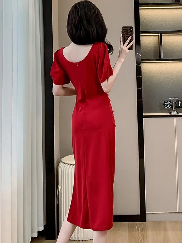 2025 여름 우아한 바디콘 베스티도 한국 빈티지 이브닝 드레스 레드 반팔 스퀘어 넥 럭셔리 웨딩 드레스 여성용