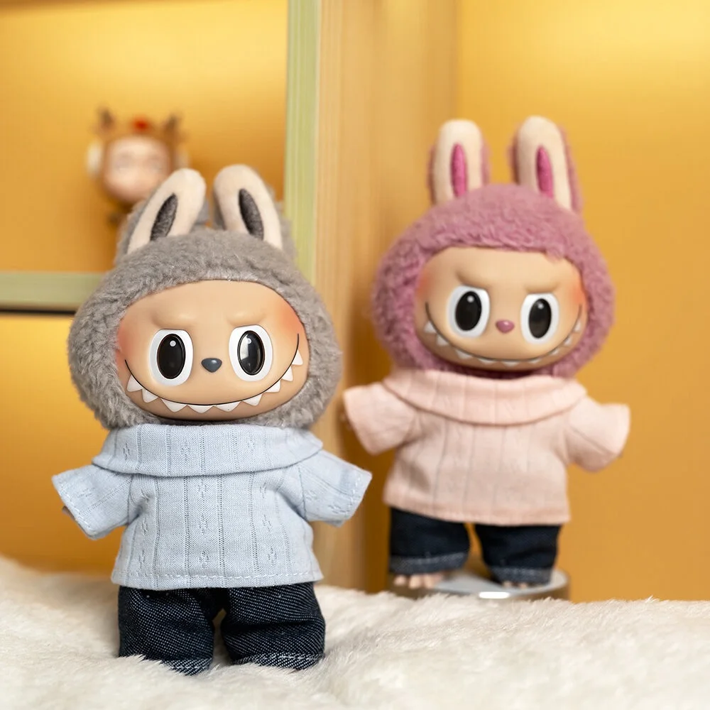 17cm Cute Mini Plush Doll's Clothes Outfit Accessories For Labubu Idol Dolls Lapel T-shirt And Jeans Two-piece Set DIY Girl Gift