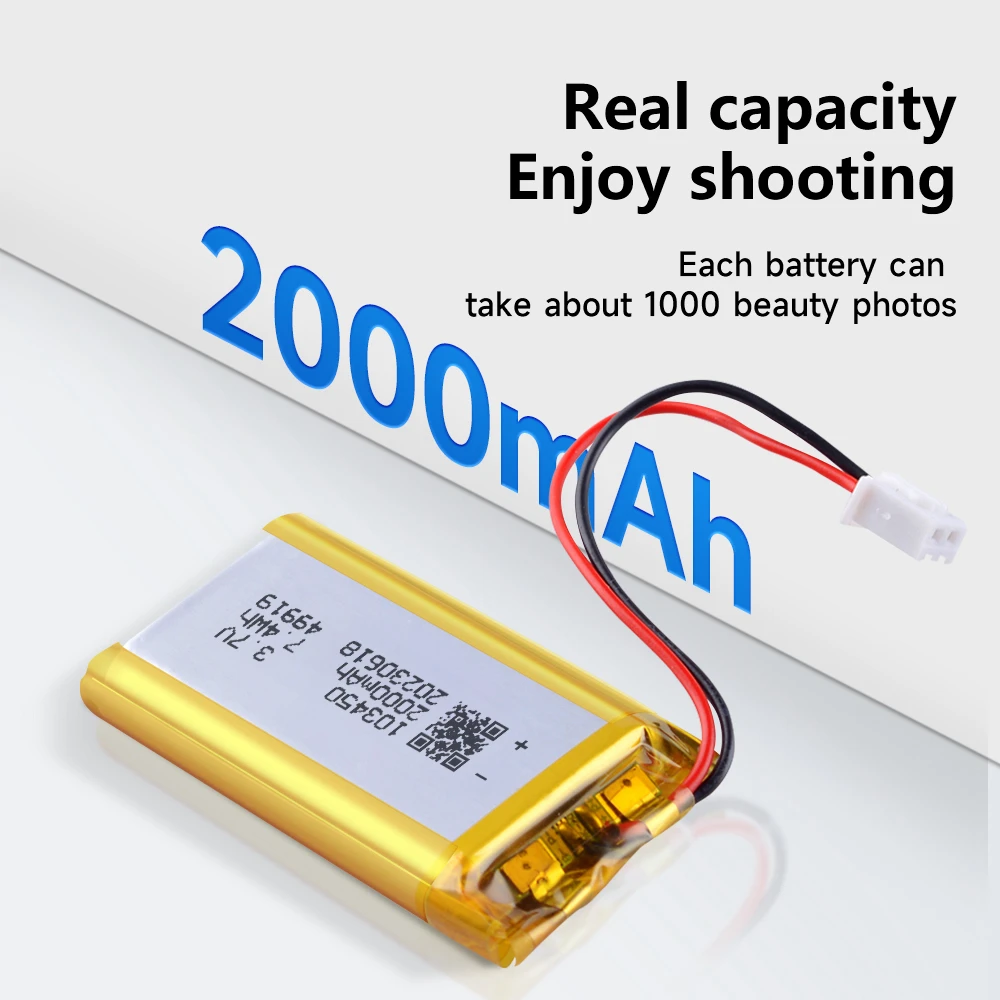 103450 3.7V 2000mAh Polymer Lithium Rechargeable Battery for Camera GPS navigator MP5 Bluetooth Headset  jst PH 2.0mm 2pin plug