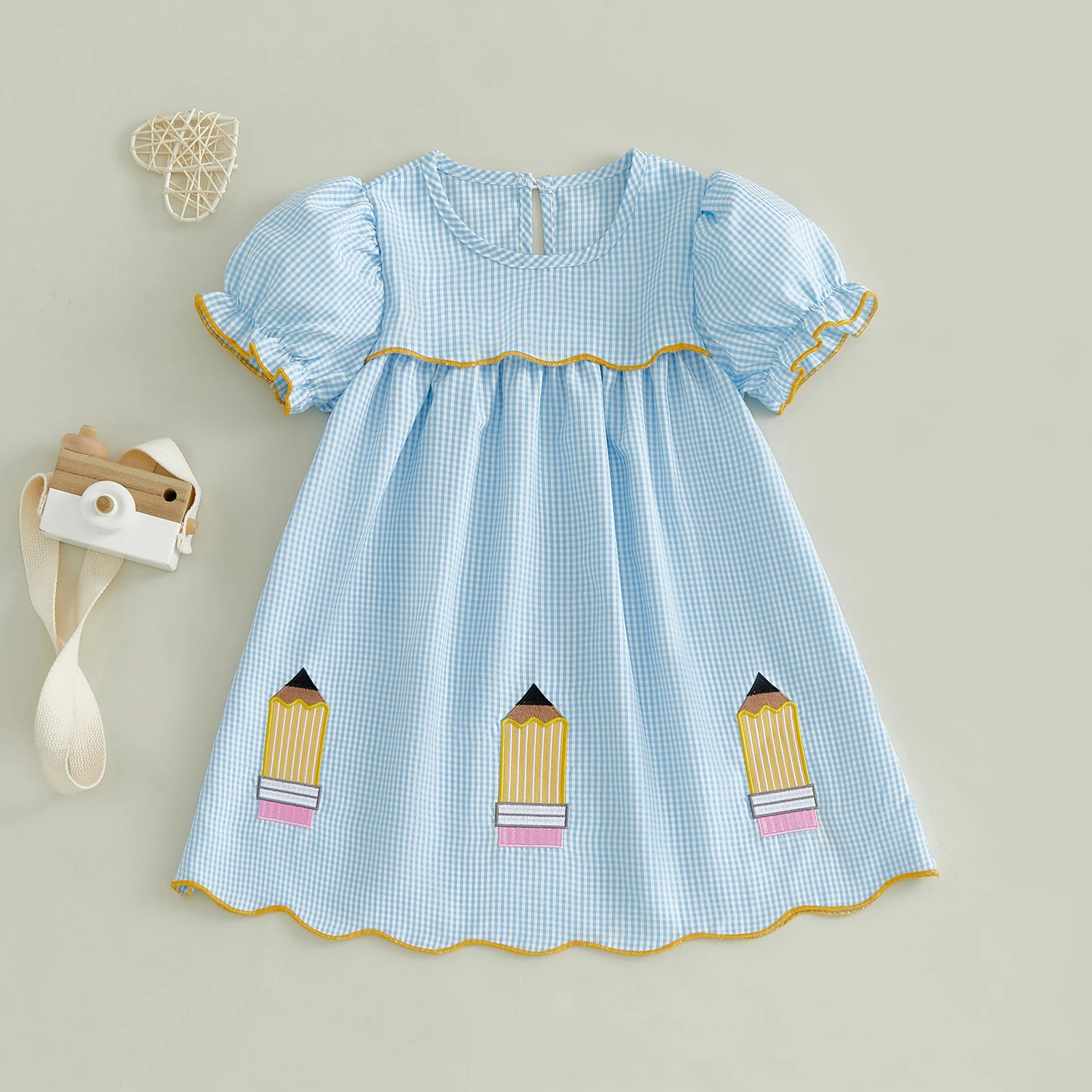 2-8Y Girls Casual A-line Dress Short Sleeve Crew Neck Plaid Embroidery Pencil Summer Dress Back to School Clothes