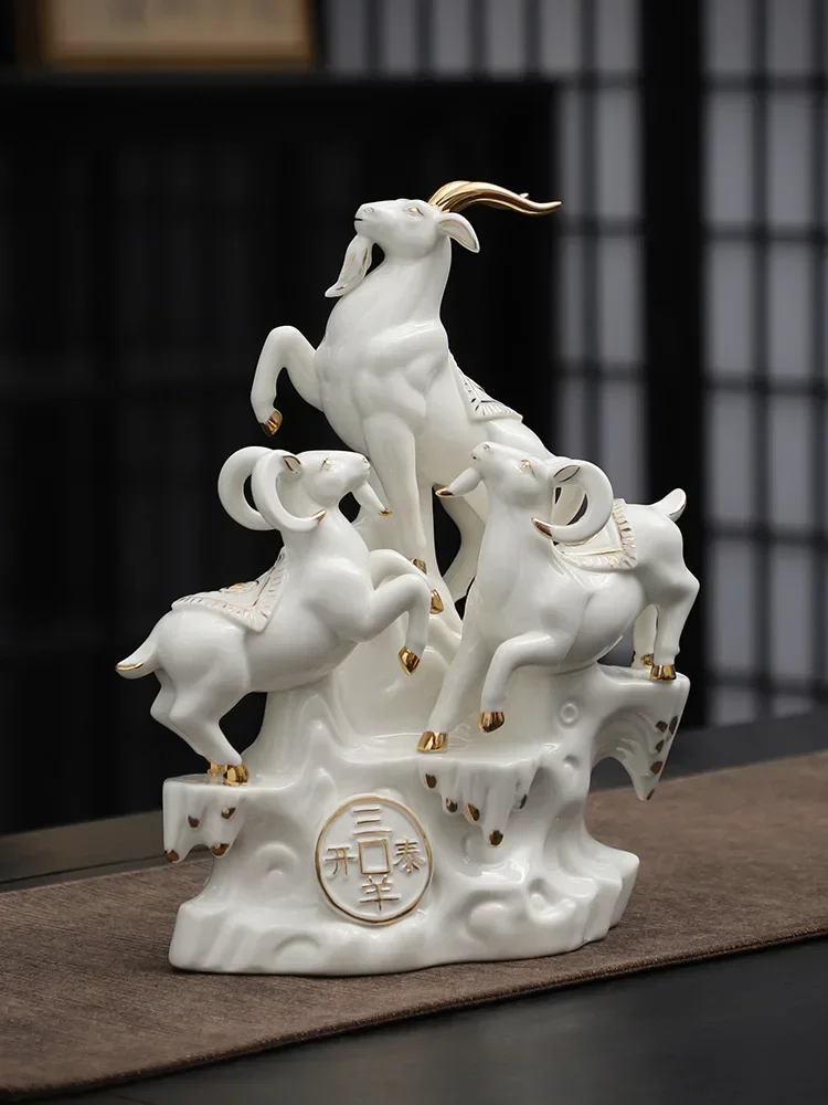 Ceramic Three Rams Bring Bliss Chinese Zodiac Sign of Sheep Decoration Sanyang Kaitai Lucky