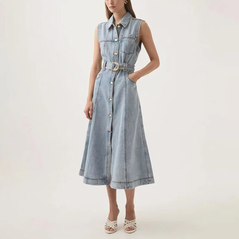 

Korean style fashion turn-down collar long dress 2025 summer New tie waist slimming sleepveless long dress women