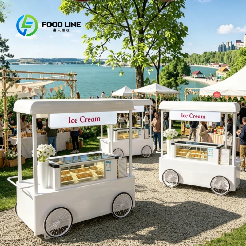 Outdoor Catering Service Mobile Food Push Cart, Refrigerated Display Compartment for Ice Cream Drink  Customized