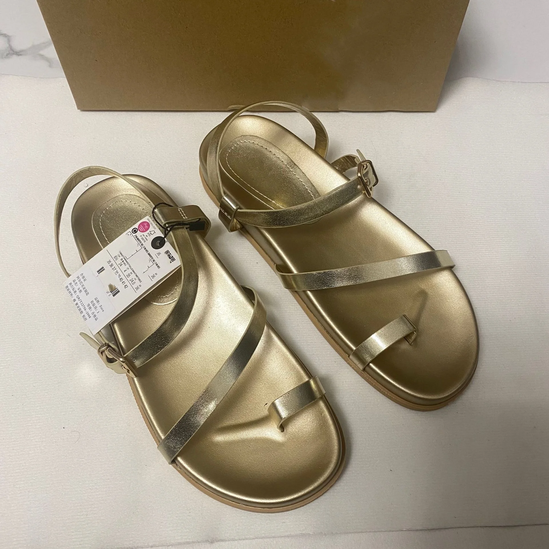 TRAF Ladies Gold Thin Strap Flatform Sandal Woman Leisure Round Head Open Toe Thick Sole Shoes Women Ankle Buckle Roman Sandals