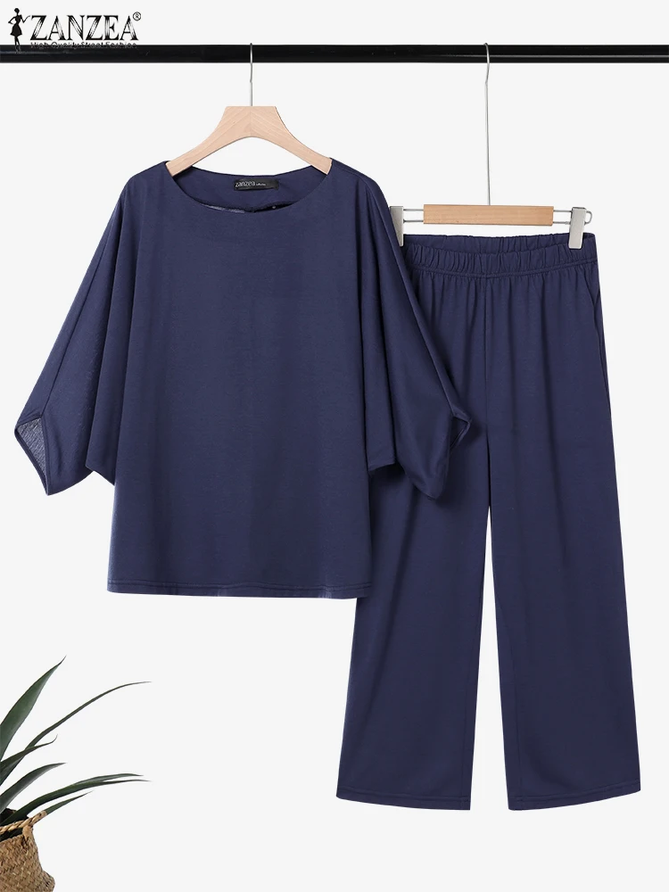 الخريف مطابقة مجموعات ZANZEA النساء بانت مجموعات قطعتين وتتسابق 2025 موضة الخفافيش كم بلايز عادية الصلبة فضفاض السراويل كبيرة الحجم