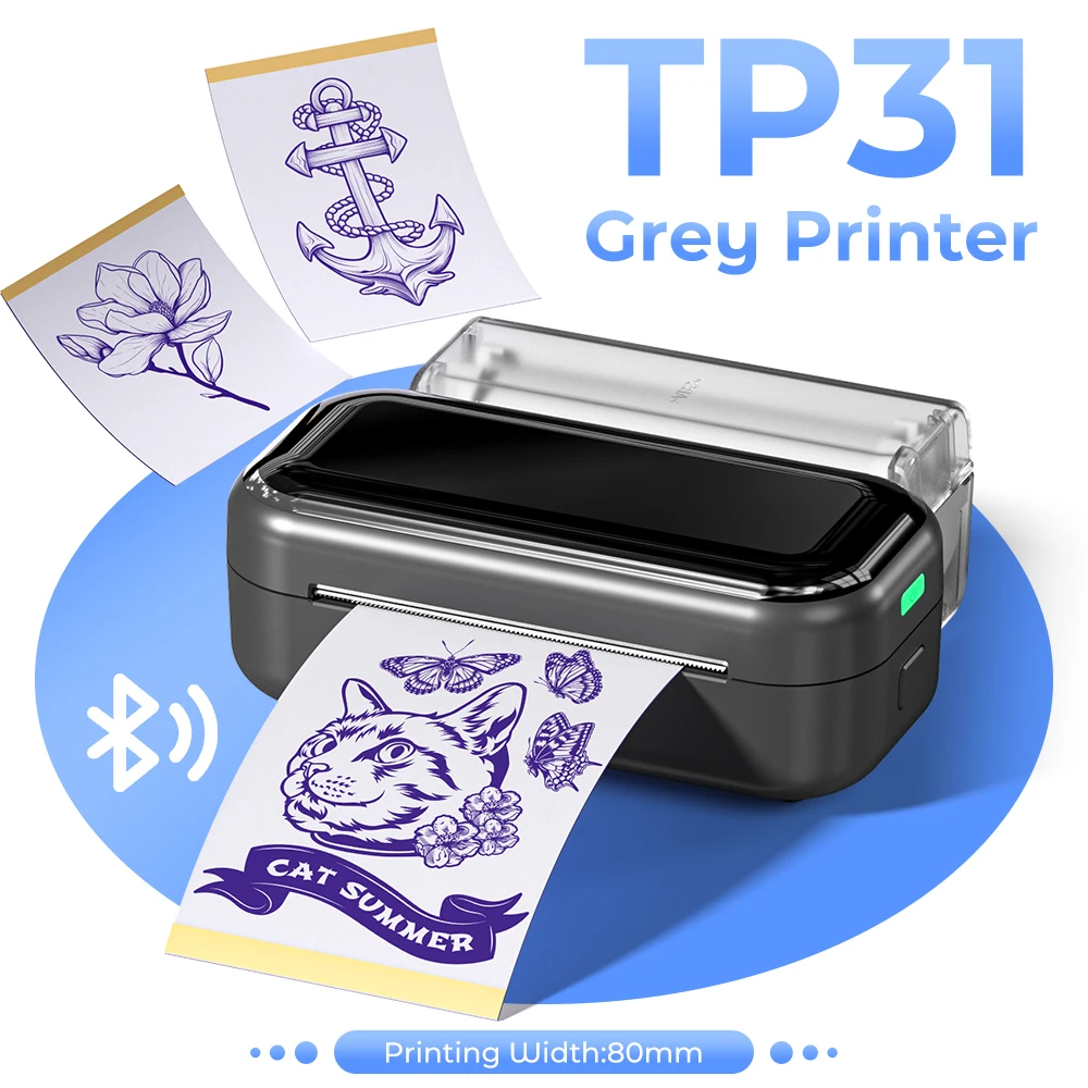 TP31 Wireless Tattoo Stencil Printer Thermal Label Printer with 30pcs Transfer Paper Bluetooth Small Tattoo Printer for Artist