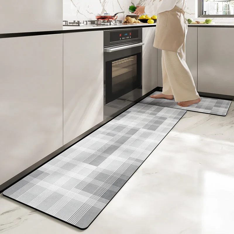 1pcs Waterproof Kitchen Carpet for Floor Oilproof PVC Plaid Kitchen Rug Anti Slip PU Leather Floor Mat Doormat Long Tapete Gray