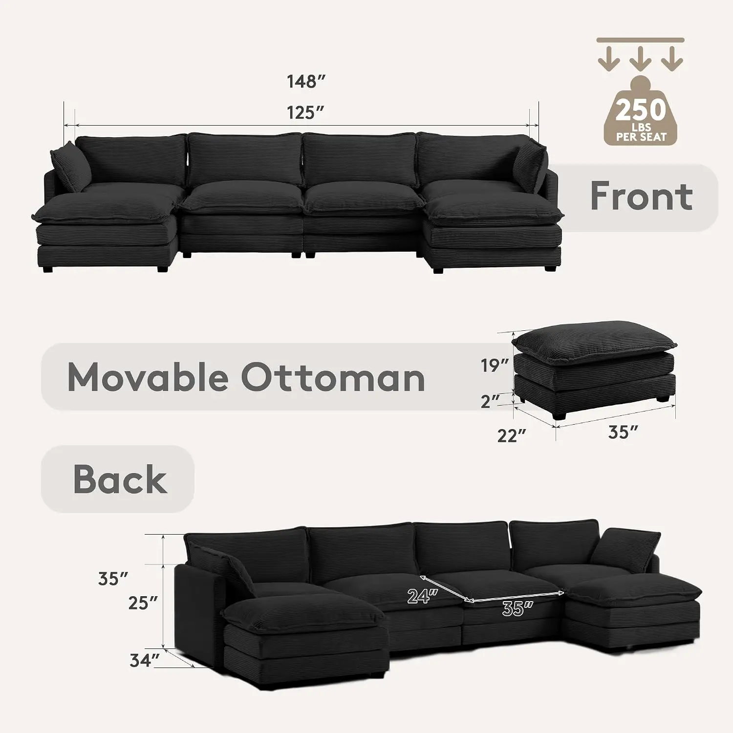 Modular Sectional Cloud Sofa with 2 Ottomans, Oversized 6 Seat Corduroy Deep U Shaped Sofa for Living Room, Black, Customized