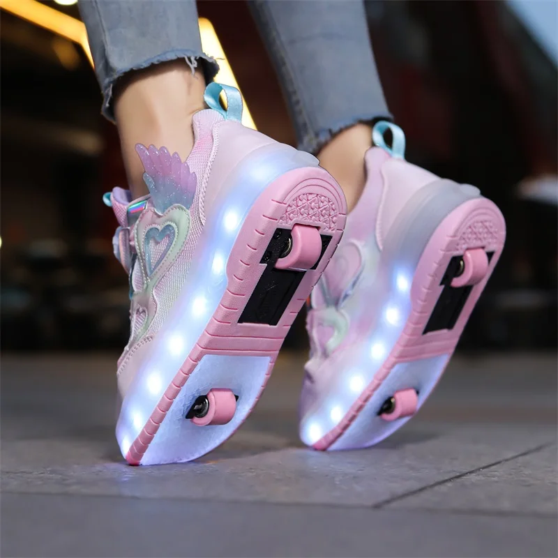 Walking shoes Girls shoes will shine skates New outdoor running pulley fashion children\'s sneakers Breathable mesh shoes