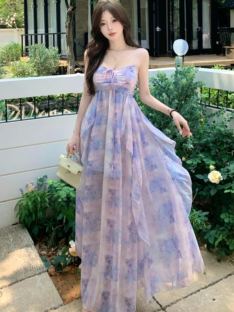 Vrouwen paarse print chiffon gegolfde maxi-jurk zomer elegante sling sexy strandjurk 2025, Koreaanse mode bodycon vakantiejurken