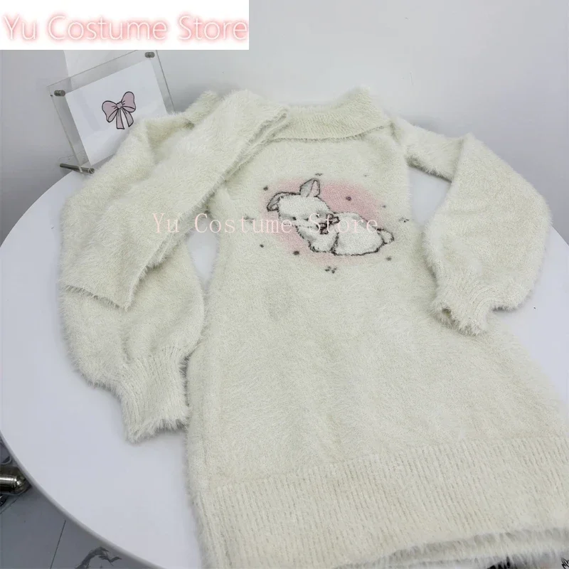 Yu Winter Knit Dolce ed elegante abito da compleanno per donna Slash Neck Y2k Kawaii Abito maglione retrò Stampa femminile Abbigliamento caldo chic