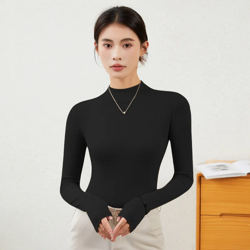

Women's Half High Collar Base Layer 2025 Autumn Long Sleeve T-shirt Stylish Slim Fit Thin Versatile Slimming Top