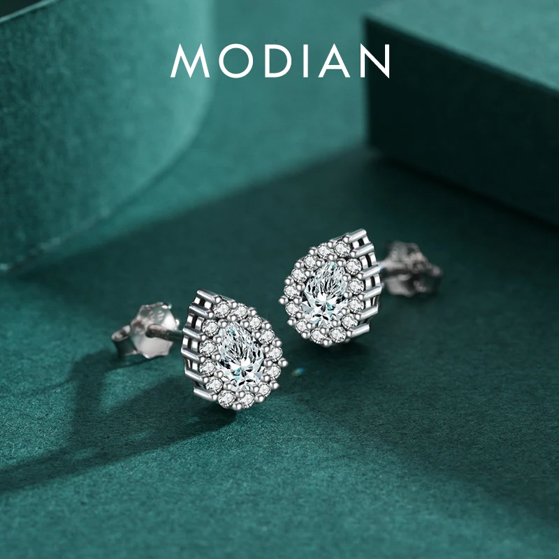 MODIAN prawdziwe 925 Sterling Silver luksusowe stadniny kolczyki dla kobiet kropla wody Sparkle cyrkon Ear Stud biżuteria zaręczynowa ślubna