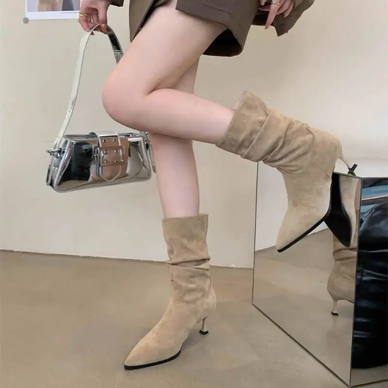 

Women Suede Pointed Toe Mid Heels Women Chelsea Boots Mid-calf Retro Shoes New Winter Shoes Designer 2024 Goth Chaussures Mujer