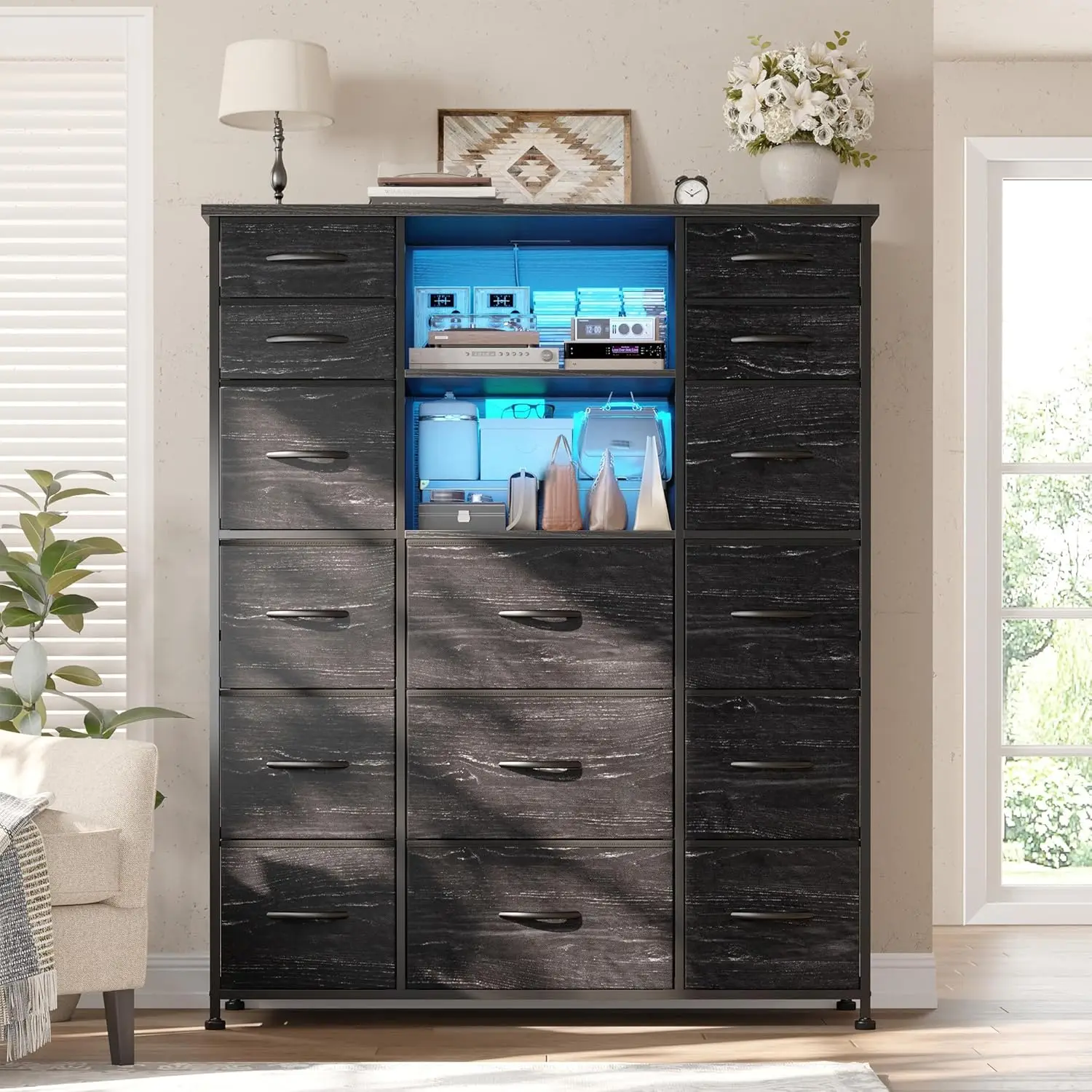 51' Black Dresser with 15 Drawers, Charging Station, LED Lights, Hutch, Steel Frame, Wood Top