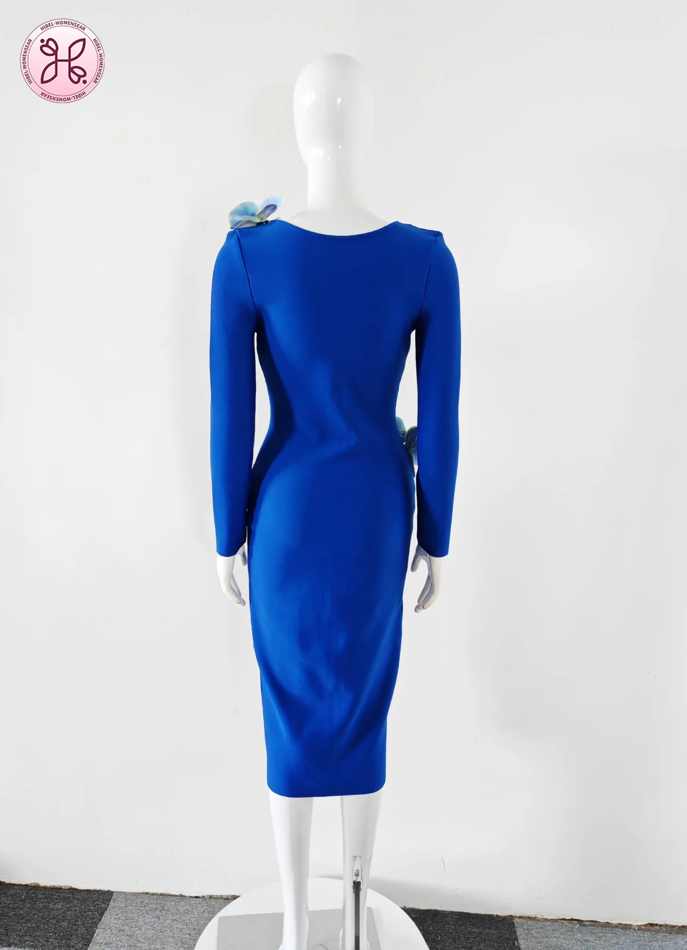 Blauwe kleur dames lange mouw sexy ritssluiting bloemen bodycon midi bandage jurk avondfeest vieren cocktail outfit