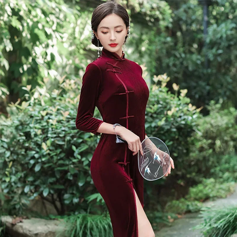 Wine Red Chinese Traditional Cheongsam Autumn Winter Velvet Dress Handmade Button Vintage Women Long Dresses Sexy Qipao